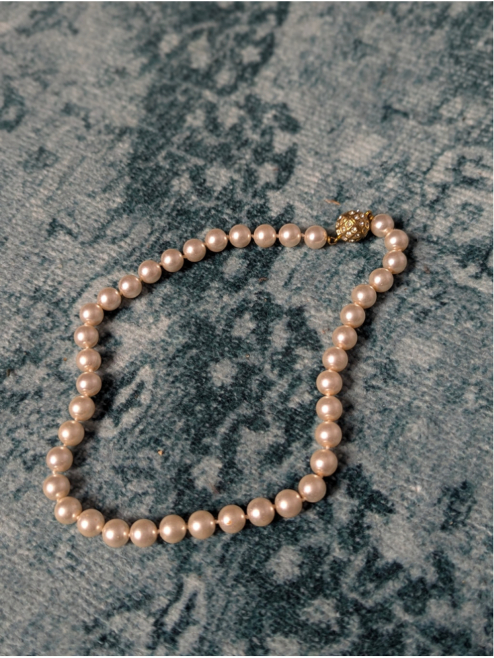 Vintage Hand-Knotted Faux Pearl Necklace with Gold Tone Pave Rhinestone Magnetic